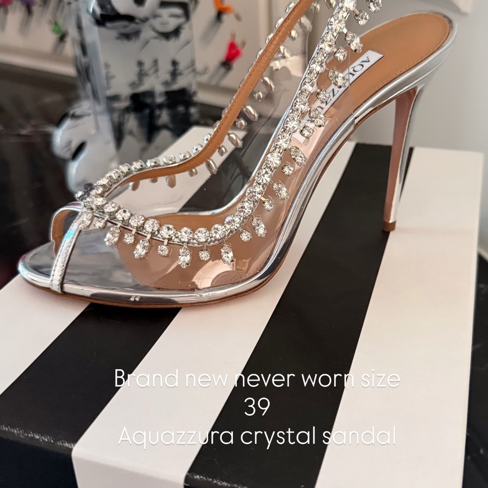 Aquazzura Silver Crystal Open-Toe Slingback Heels